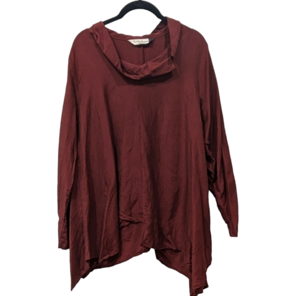 Chalet Brick Red Cowl Neck Crinkle Cupro Lagenlook Tunic Top (S)